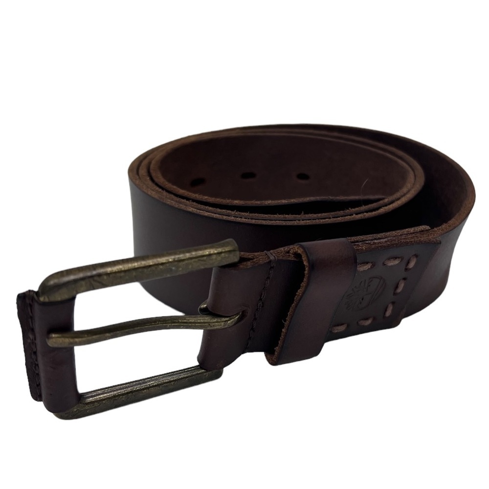 Timberland Brown Genuine Leather Belt Gold Tone Buckle Mens Size 36